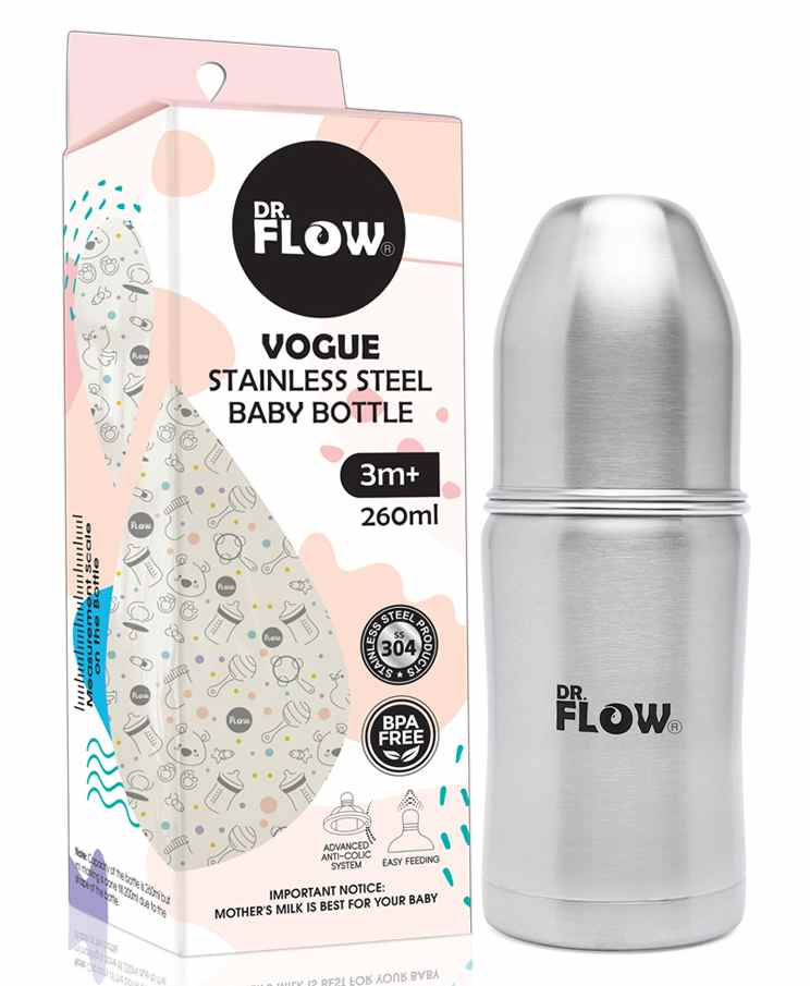 Dr Flow Vogue Stainless Steel Baby Bottle 3m+ (260ml)
