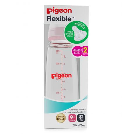 Pigeon Flexible Glass Bottle With 2 Nipples 9m+ (240ml/8oz)